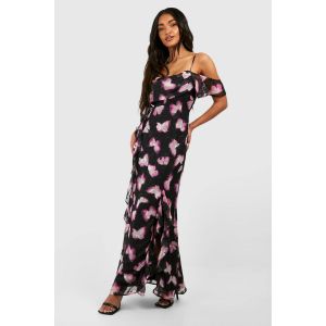 Robe Nuisette Imprimée À Manches Drapées - Rose - 36, Rose