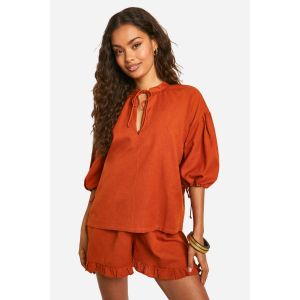 Haut À Manches Bouffantes Avec Détail De Nœud Au Col - Orange Rouille - 34, Orange Rouille