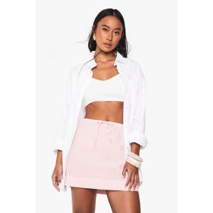 Jupe En Seersucker Rayé À Cordon De Taille - Rose - 36, Rose