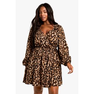 Robe Portefeuille Smockée À Motif Léopard - Marron - 44, Marron