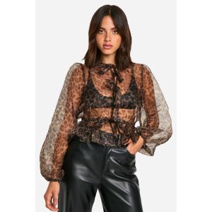 Top En Organza Imprimé Léopard À Nouer Sur Le Devant Et Manches Longues Bouffantes - Leopard - 38, Leopard