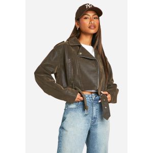 Vintage Look Crop Veste De Motard Courte - Marron - 42, Marron