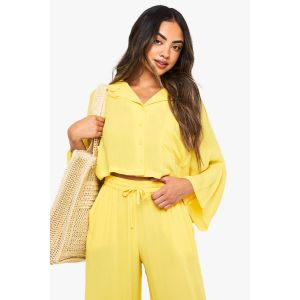 Chemise De Plage Courte En Coton Froissé - Jaune Moutarde - L, Jaune Moutarde