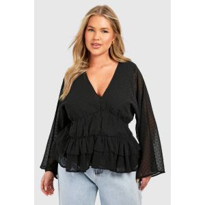 "Plus" Dobby Plunge Waistband Peplum Top - Noir - 56, Noir