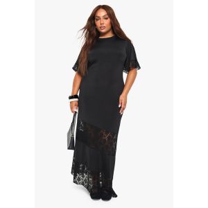 Robe T-Shirt Maxi Grande Taille À Insert De Dentelle - Noir - 48, Noir