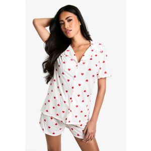 Ensemble Pyjama Chemise À Manches Courtes Et Short À Imprimé Cœur - Blanc Cassé - 36, Blanc Cassé
