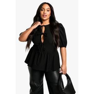 Haut Smock "Plus" En Crinkle À Nouer À L'Avant Et Manches Bouffantes - Noir - 56, Noir