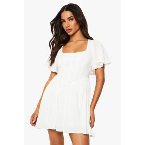 Robe Patineuse "Petite" En Mélange De Lin, Corset Et Manches D'Ange - Blanc Ivoire - 38, Blanc Ivoire