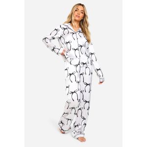 Ensemble Pyjama En Satin À Imprimé Nœud, Chemise À Manches Longues Et Pantalon - Blanc - 40, Blanc
