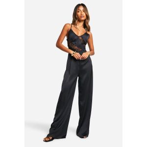Combinaison En Satin Avec Insert De Dentelle - Noir - 42, Noir