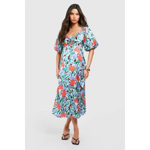 Robe Midaxi À Manches Puff Et Imprimé Floral Audacieux - Multicolore - 36, Multicolore