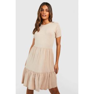 Robe Smock À Manches Courtes Et Ourlet Plongeant - Gris Pierre - 38, Gris Pierre