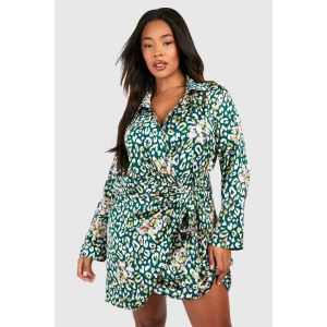 Robe Chemise Portefeuille Drapée En Satin À Imprimé Léopard (Taille "Plus") - Leopard - 52, Leopard