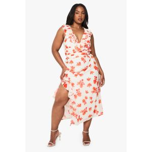 "Plus" Floral Chiffon Ruffle Wrap Dress - Rouge - 46, Rouge