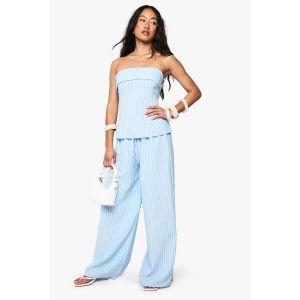 Pantalon Effet Lin À Rayures À Jambe Large - Bleu - 44, Bleu