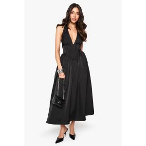 Robe Midaxi En Satin, Corset Et Style Laitière - Noir - 36, Noir