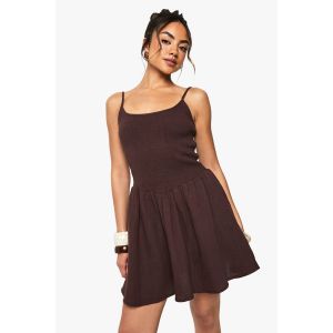 Robe Mini En Coton Froissé, Plissée Et À Fines Bretelles - Marron Chocolat - 44, Marron Chocolat