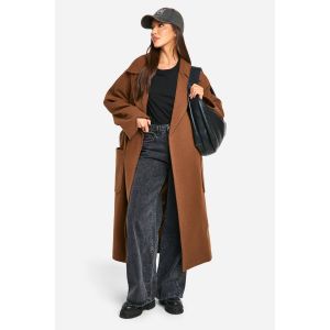 Manteau Ceinturé À Effet Laine Avec Détail De Surpiqûres - Marron - 44, Marron