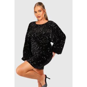 Grande Taille - Robe Courte À Sequins Et Manches Tombantes - Noir - 48, Noir