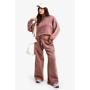 "Petite" Survêtement Acid Wash À Jambes Larges Et Sweat-Shirt Court - Rouge Bordeaux - S, Rouge Bordeaux