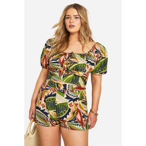 "Plus" Crop Top Court En Lin, Look Paisley, Manches Bouffantes Et Effet Froncé - Vert - 50, Vert