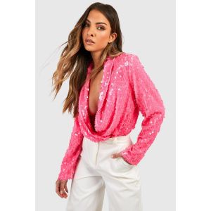 Body Pailleté À Col Drapé - Rose - 40, Rose