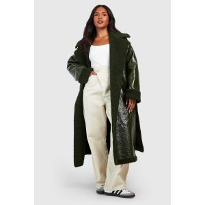 Manteau En Vinyle Ceinturé "Plus" Teddy Trim - Vert Foncé - 52, Vert Foncé