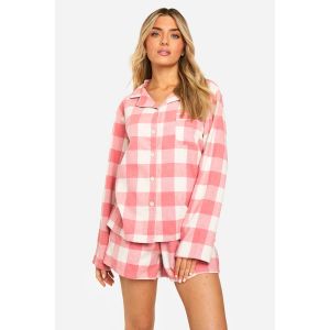 Ensemble Pyjama Chemise À Manches Longues En Flanelle À Carreaux Roses Et Short - 38, Rose