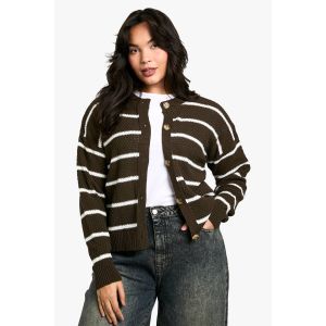 Cardigan Rayé Grande Taille À Col Rond En Maille Douce - Gris Anthracite - 44, Gris Anthracite