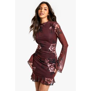 Robe Mini Godet À Col Montant Et Imprimé Floral Flou - Rouge Bordeaux - 46, Rouge Bordeaux