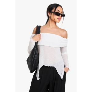 Top Bardot En Mesh Transparent Avec Détail Drapé - Blanc - 38, Blanc
