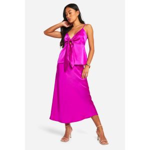 Débardeur En Satin À Nœud Frontal Et Jupe Midi En Biais - Rouge Sang - 34, Rouge Sang