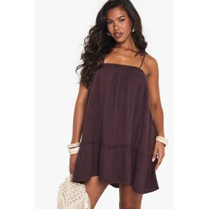 Mini Robe Texturée À Smocks - Marron Chocolat - 40, Marron Chocolat