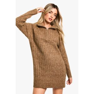 Robe Pull Oversize En Tricot Doux À Côte Épaisse Et Col Zippé - Marron Camel - S, Marron Camel