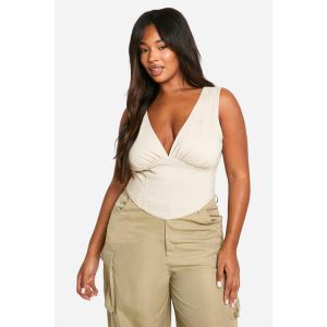 "Plus" Haut Corset Décolleté Plongeant Tissé Stretch - Grandes Tailles - Gris Pierre - 54, Gris Pierre