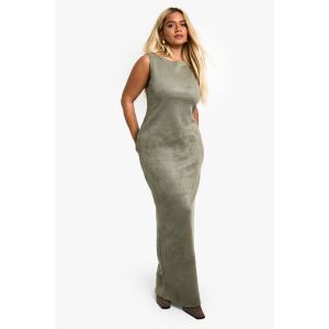 "Plus" Suede Robe Maxi Col De Bateau En Fausse Suède - Vert Kaki - 44, Vert Kaki