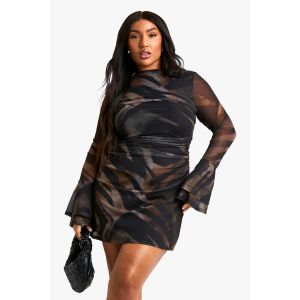 "Plus" Mesh Ruched Long Sleeve Mini Dress - Marron - 54, Marron