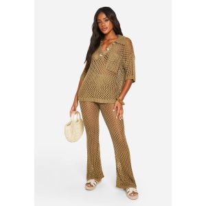 Open Stitch Collared Top And Wide Leg Trouser Knitted Co-Ord - Vert Kaki - S, Vert Kaki