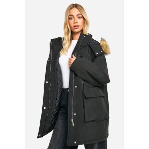 Parka À Capuche Avec Détails Poches - Noir - 36, Noir