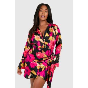 Robe-Chemise En Satin Imprimé Avec Nouage À L'Avant - Noir - 56, Noir