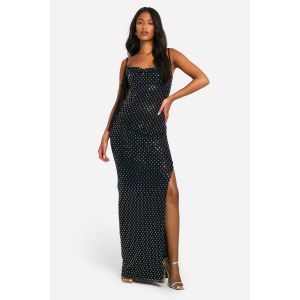 "Tall" Hotfix Diamante Robe Maxi À Encolure Cache-Cœur Et Volants - Noir - 46, Noir
