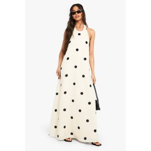 Grande Robe Évasée Effet Lin À Pois - Blanc - 44, Blanc