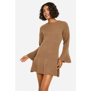 Longue Robe Patineuse En Maille Brossée À Manches Évasées - Marron Moka - Xs, Marron Moka