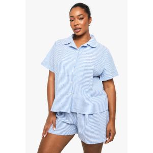 Ensemble De Pyjama Grande Taille Seersucker À Rayures Et Imprimé Cœur (Chemise Et Short) - Bleu - 50, Bleu