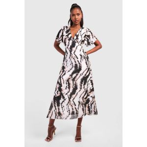 Robe Midaxi En Chiffon À Manches D'Ange Imprimé Abstrait - Marron - 36, Marron