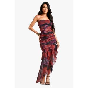 Mini Robe Bandeau En Mesh Floral À Ourlet À Volants - Rouge - 46, Rouge