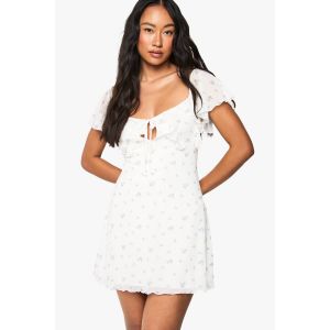 Robe Mini En Maille Florale Délicate, Manches D'Ange, À Nouer À L'Avant - Blanc Ivoire - 44, Blanc Ivoire