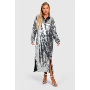 Robe-Chemise Midaxi À Paillettes Pour Grande Taille - Gris - Argent - 56, Gris - Argent