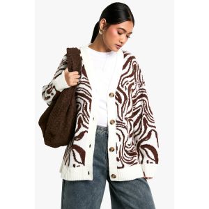 Pattern Detail Oversized Cardigan - Marron Chocolat - L, Marron Chocolat