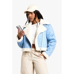 Veste Aviateur Cropped Look Denim - Bleu Jean - 36, Bleu Jean
